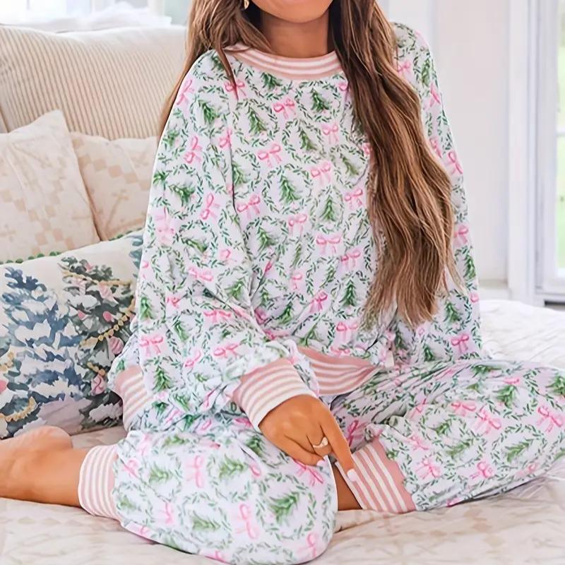 AUBREY™ | Cozy Christmas Bow Print Loungewear Set