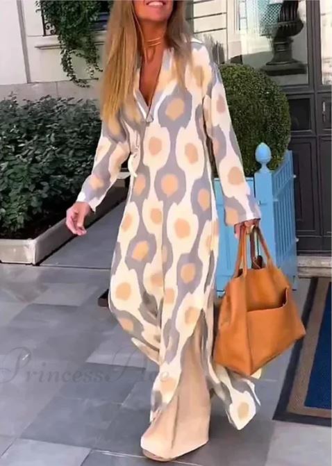 ELYRA™ | Robe Boho à col en V, imprimé géométrique, fente d'automne