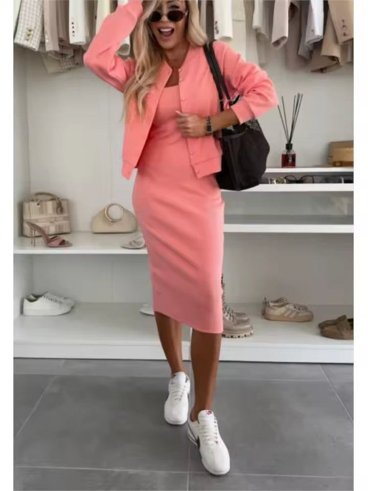 ELYRA™ | Ribbed Knit Midi Dress & Bomber Set
