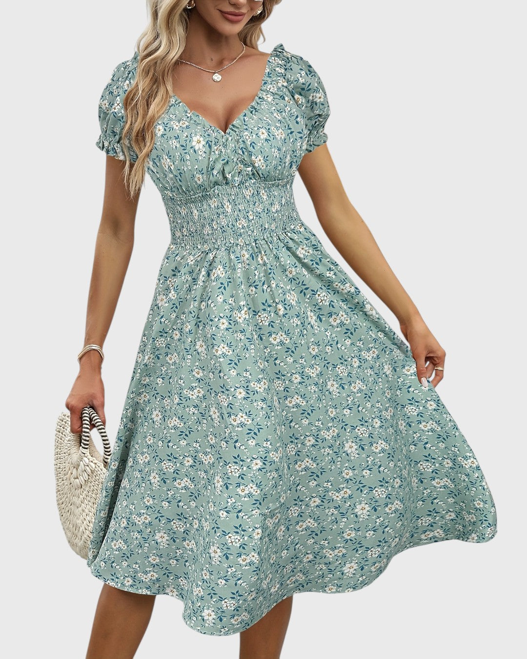 ELYRA™ | Midi floral dress with puff sleeves and V-neck