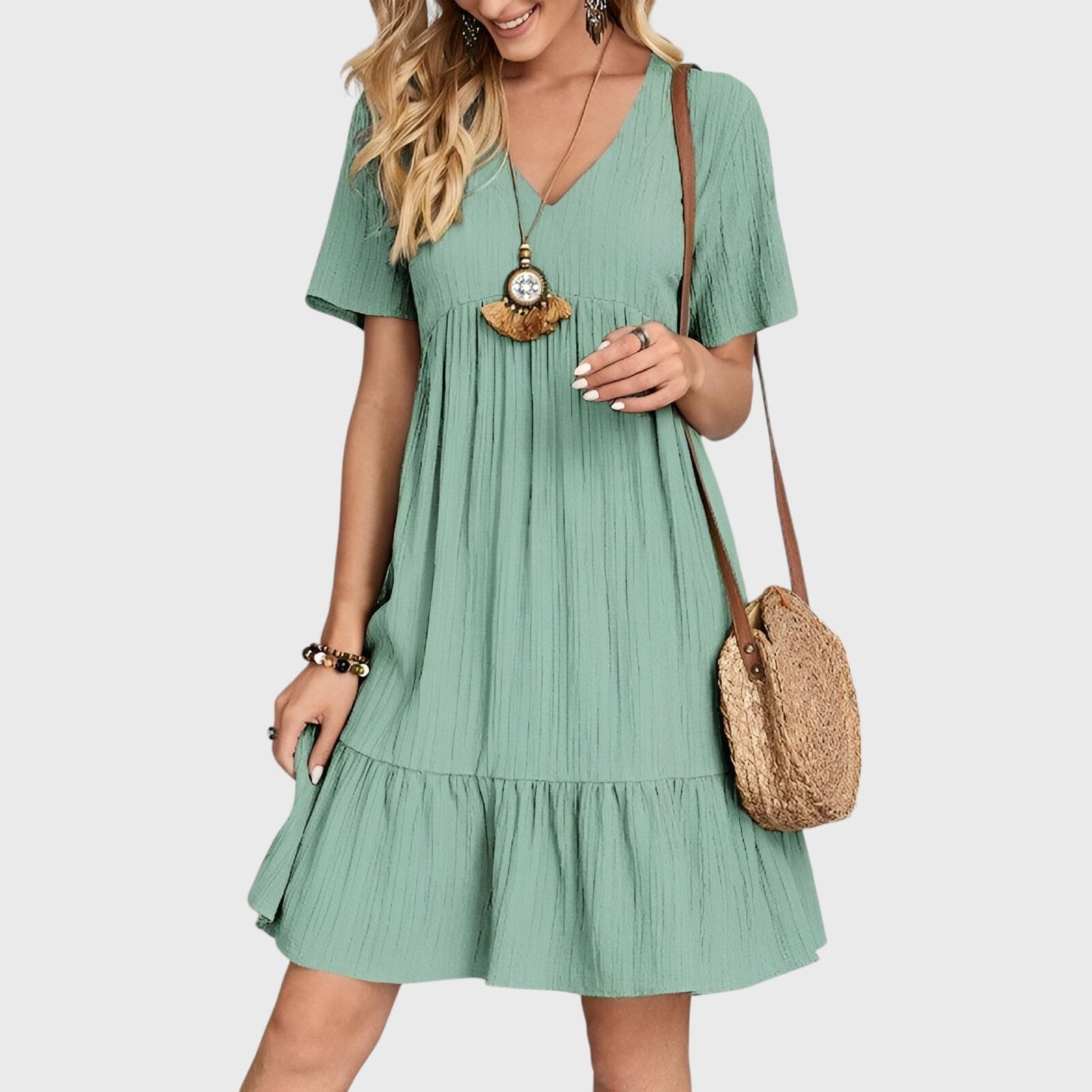 ELYRA™ | Bohemian Dress with V-Neck and Short Sleeves