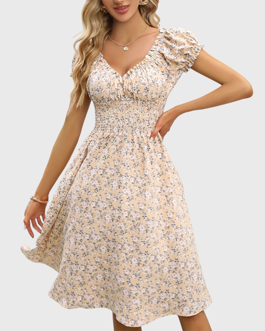 ELYRA™ | Midi floral dress with puff sleeves and V-neck