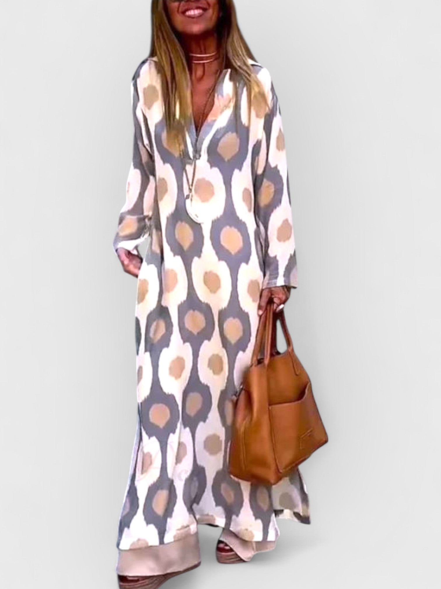 ELYRA™ | Boho Dress with V-Neck, Geometric Print, Autumn Slit