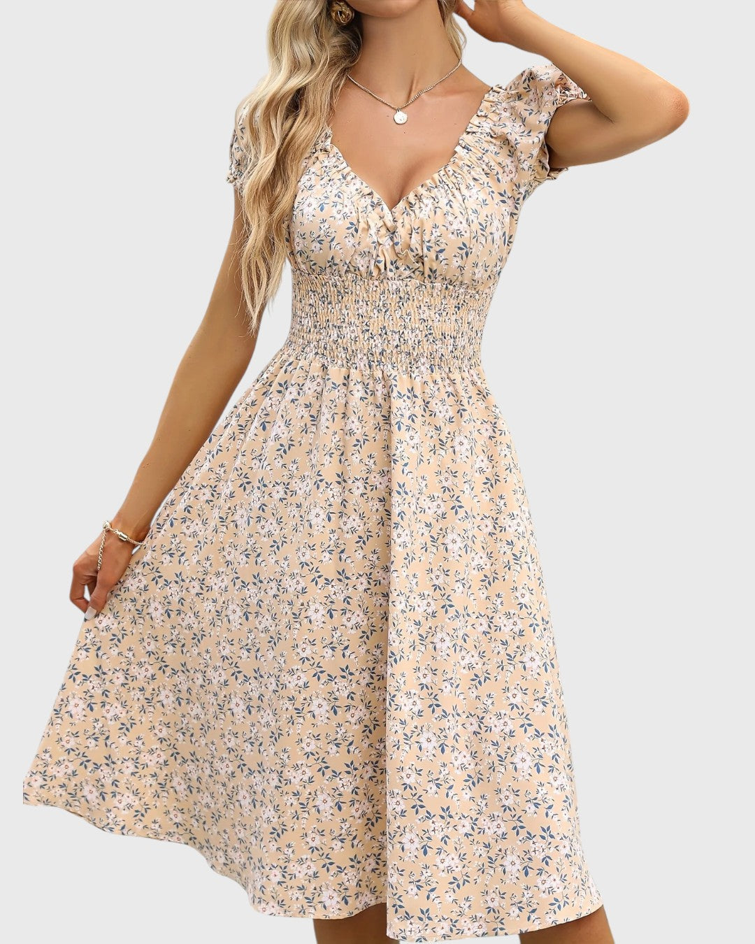 ELYRA™ | Midi floral dress with puff sleeves and V-neck