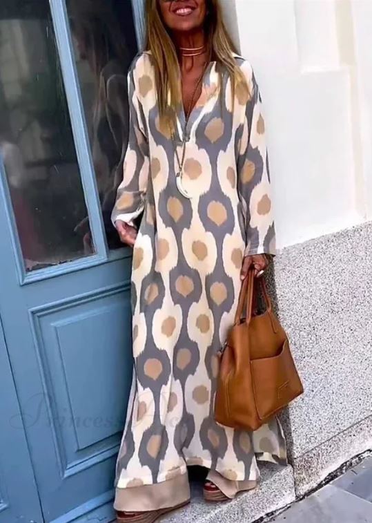 ELYRA™ | Boho Dress with V-Neck, Geometric Print, Autumn Slit
