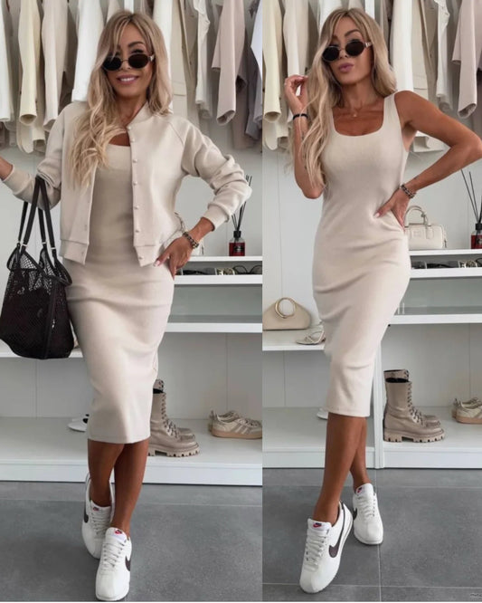 ELYRA™ | Ribbed Knit Midi Dress & Bomber Set