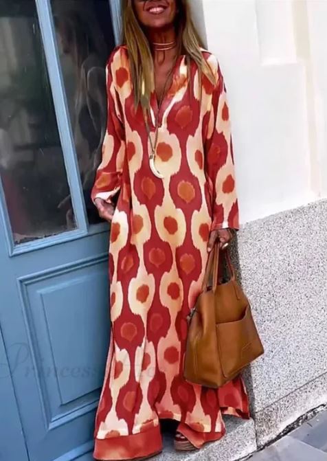 ELYRA™ | Boho Dress with V-Neck, Geometric Print, Autumn Slit