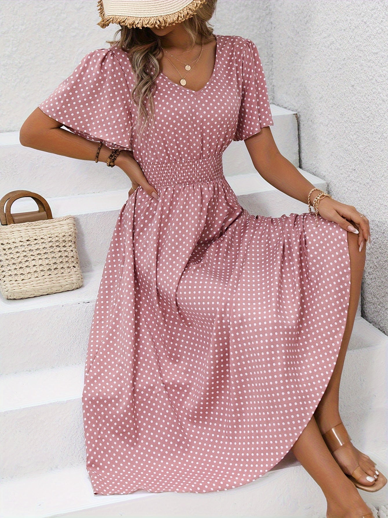 ELYRA™ | Chic Midi Dress with Pink Dots