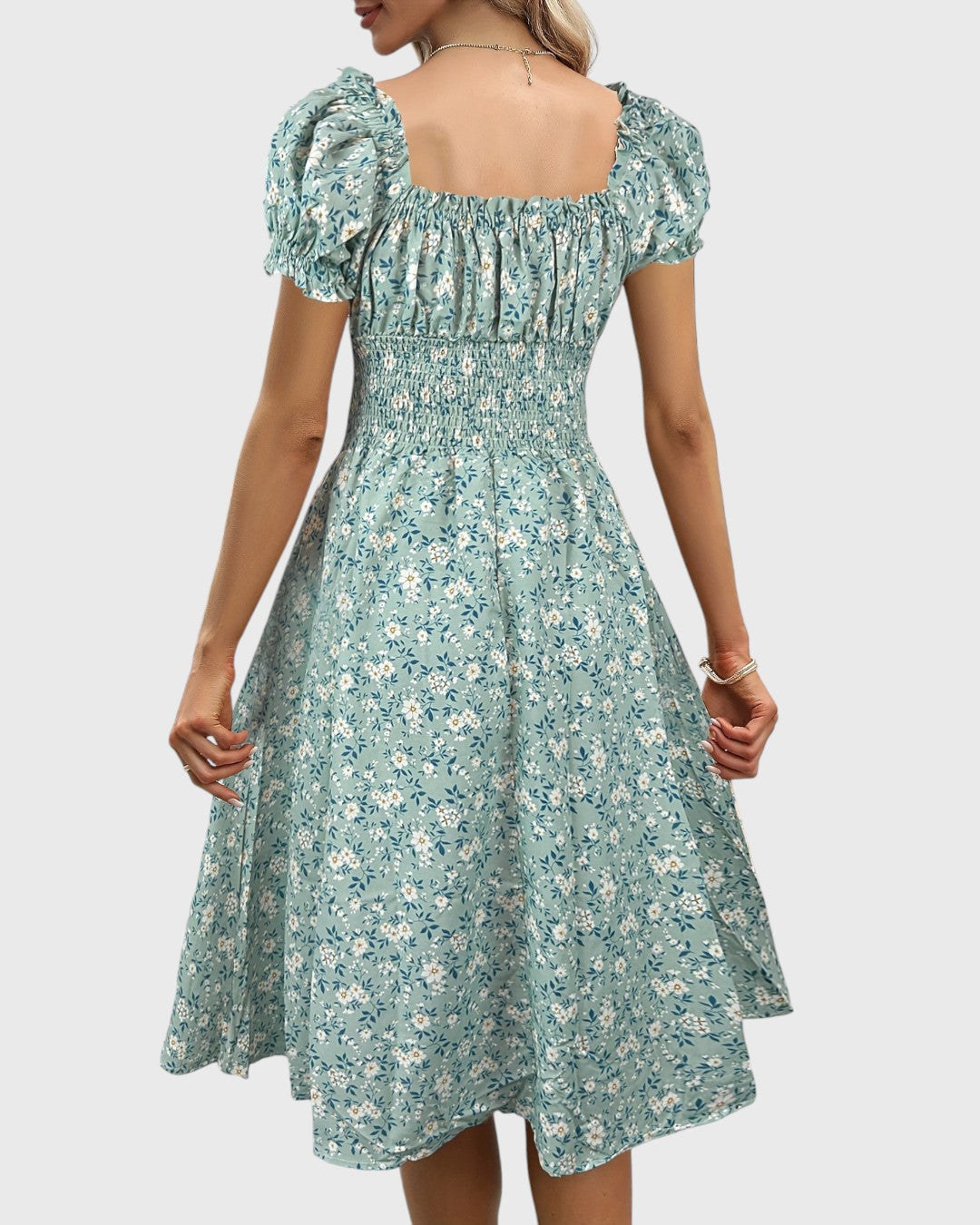 ELYRA™ | Midi floral dress with puff sleeves and V-neck