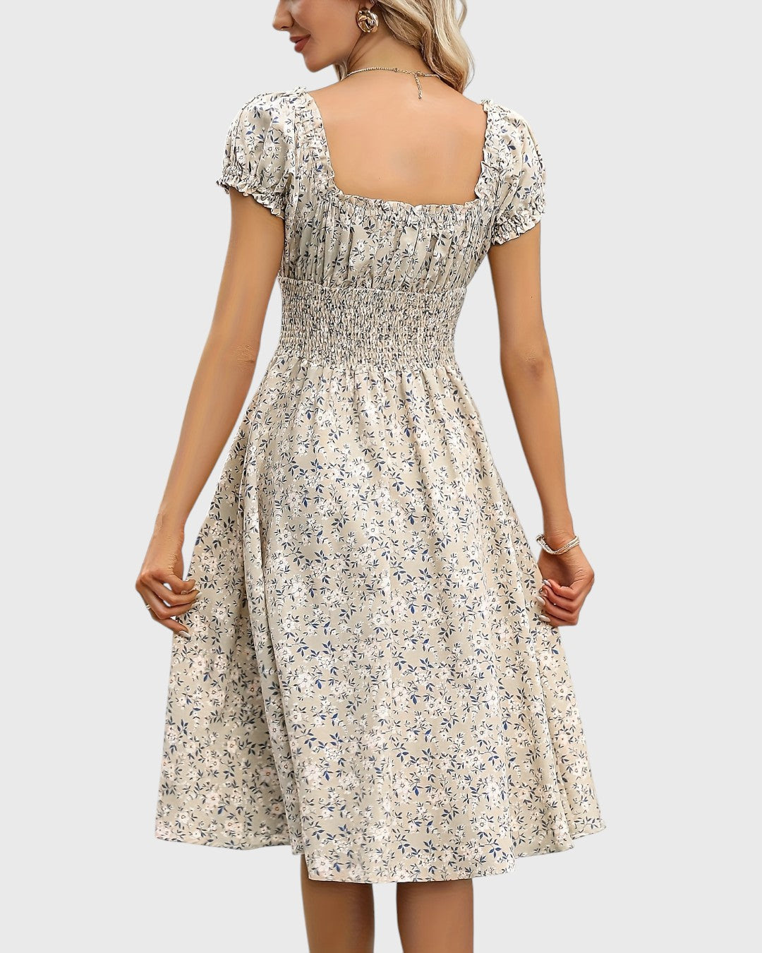 ELYRA™ | Midi floral dress with puff sleeves and V-neck