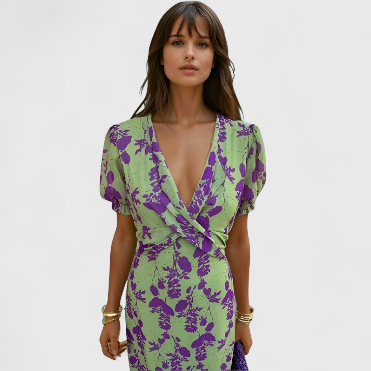 ELYRA™ | Long dress with deep V-neck and leaf pattern