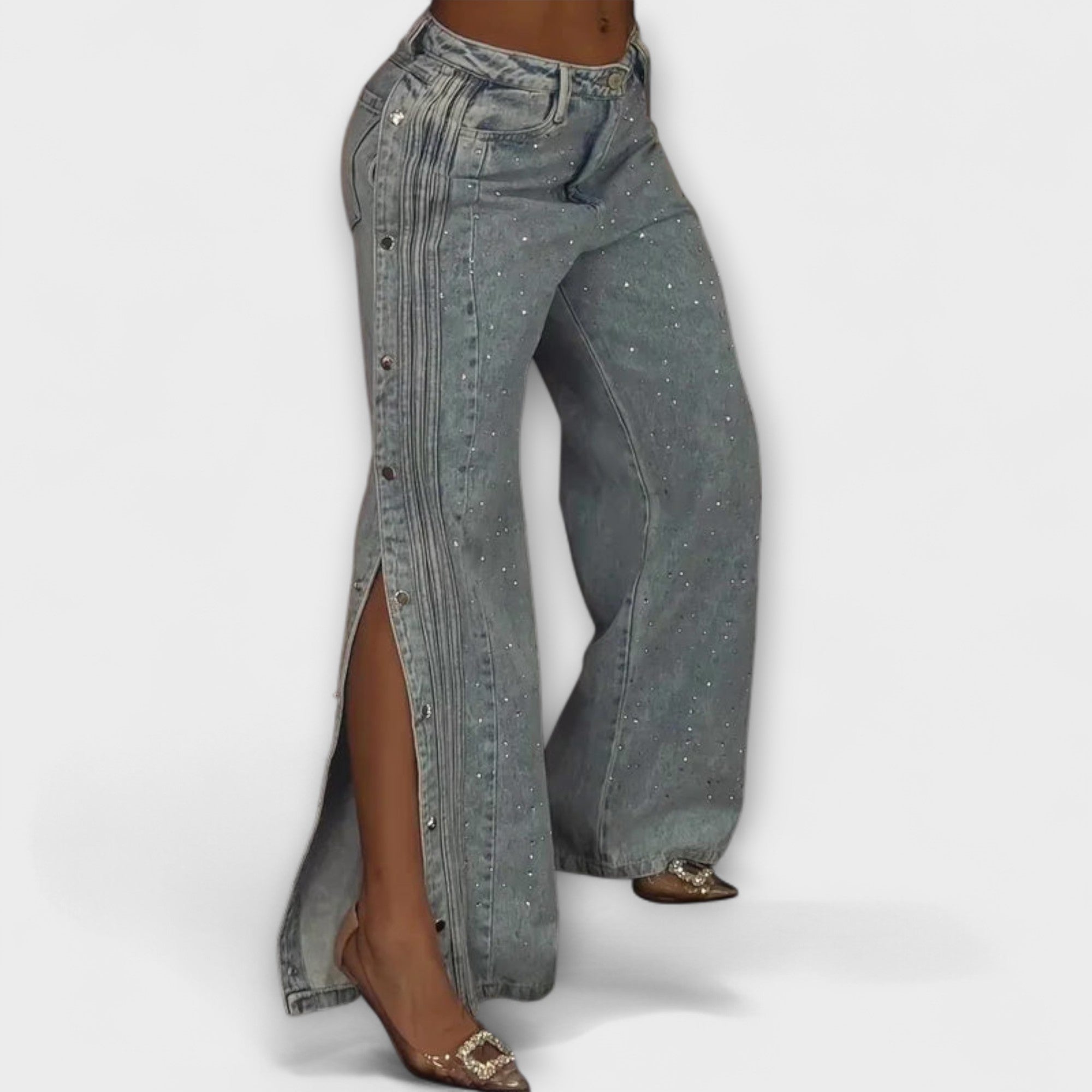 ELYRA™ | Jean taille haute orné de strass et boutons latéraux