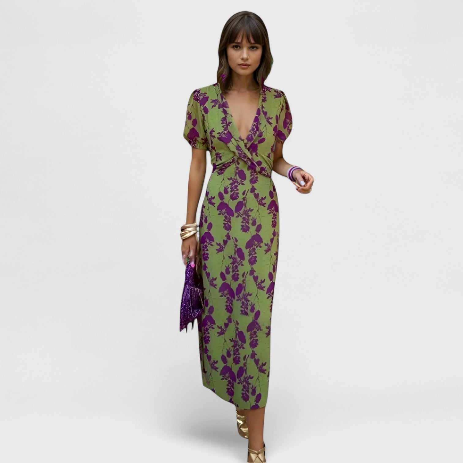 ELYRA™ | Long dress with deep V-neck and leaf pattern