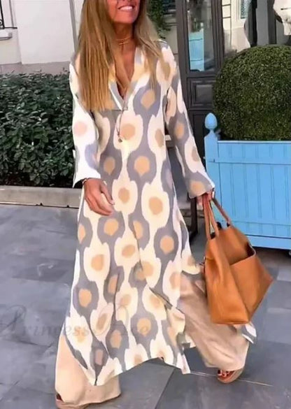 ELYRA™ | Boho Dress with V-Neck, Geometric Print, Autumn Slit