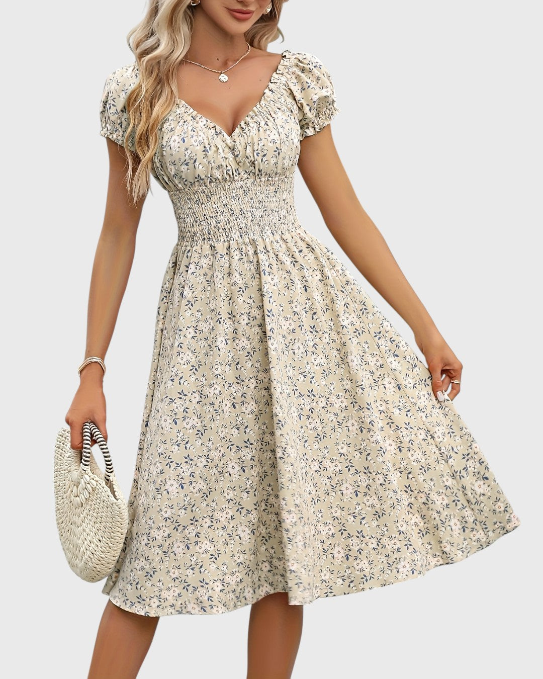 ELYRA™ | Midi floral dress with puff sleeves and V-neck