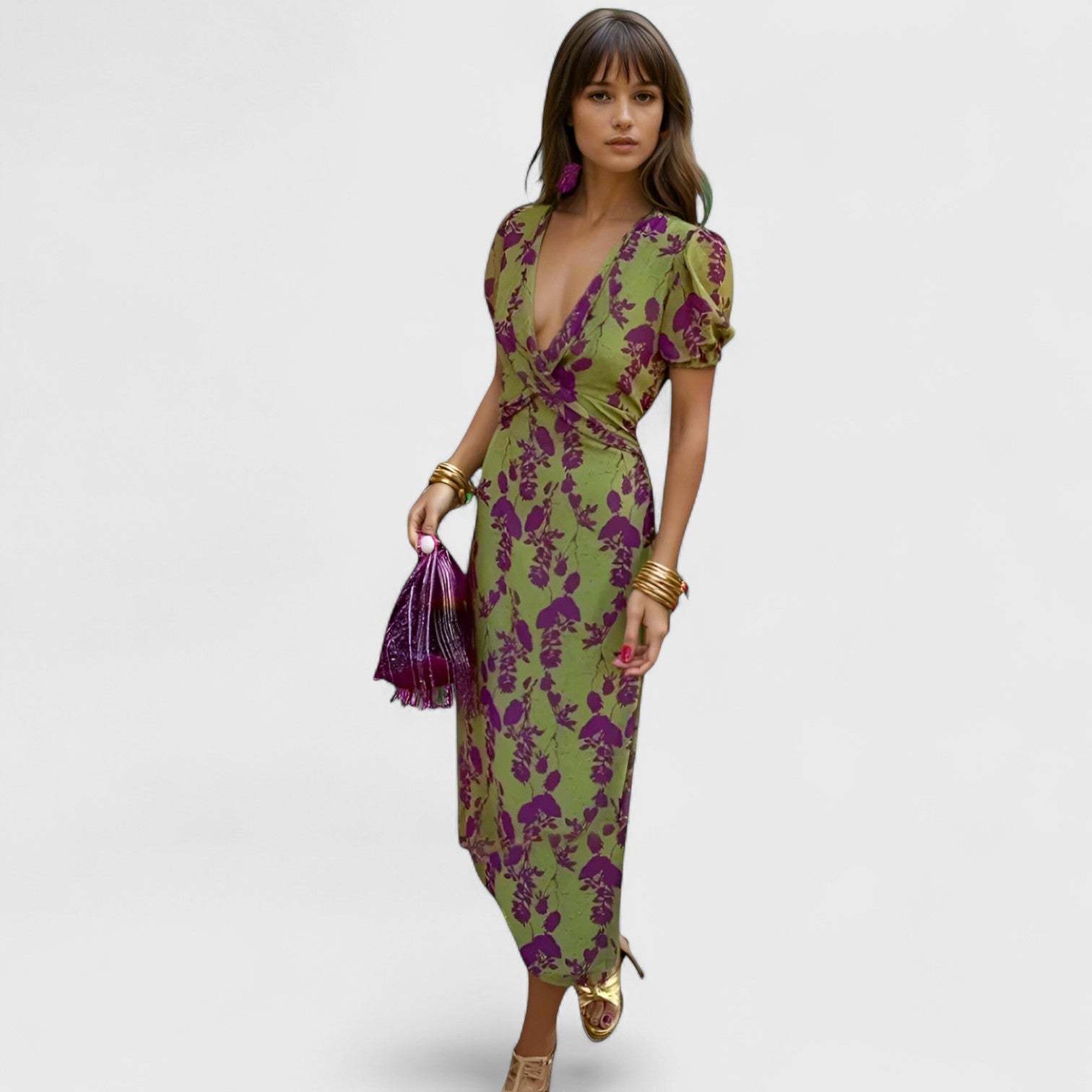 ELYRA™ | Long dress with deep V-neck and leaf pattern