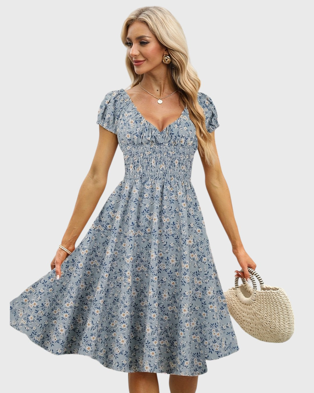 ELYRA™ | Midi floral dress with puff sleeves and V-neck