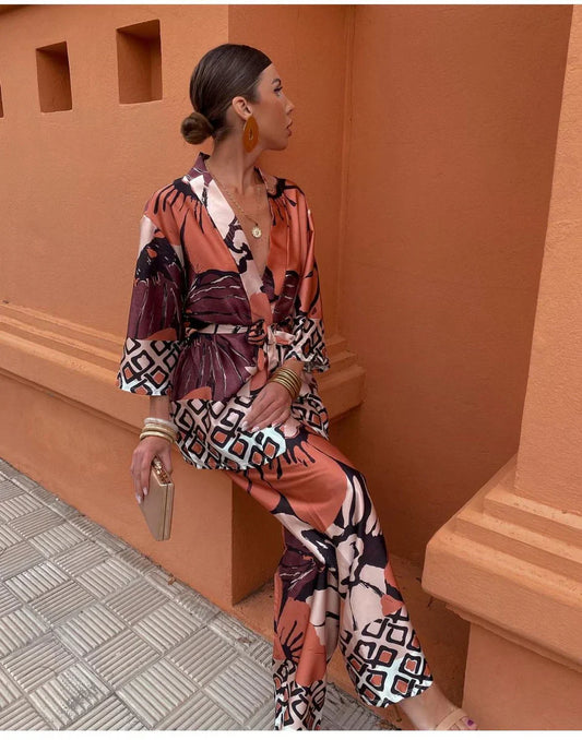 ELYRA™ | Floral Kimono Set & Wide Leg Trousers