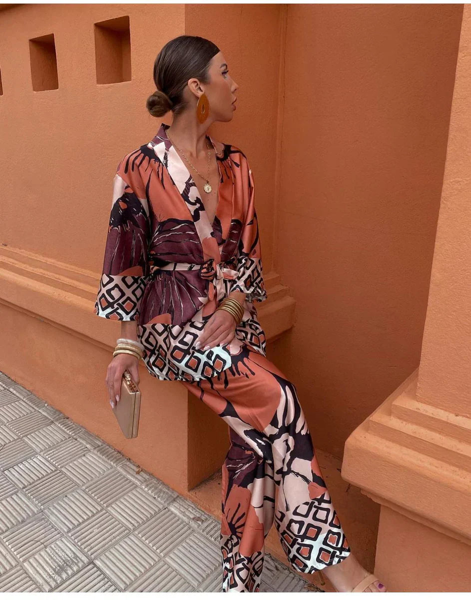 ELYRA™ | Floral Kimono Set & Wide Leg Trousers