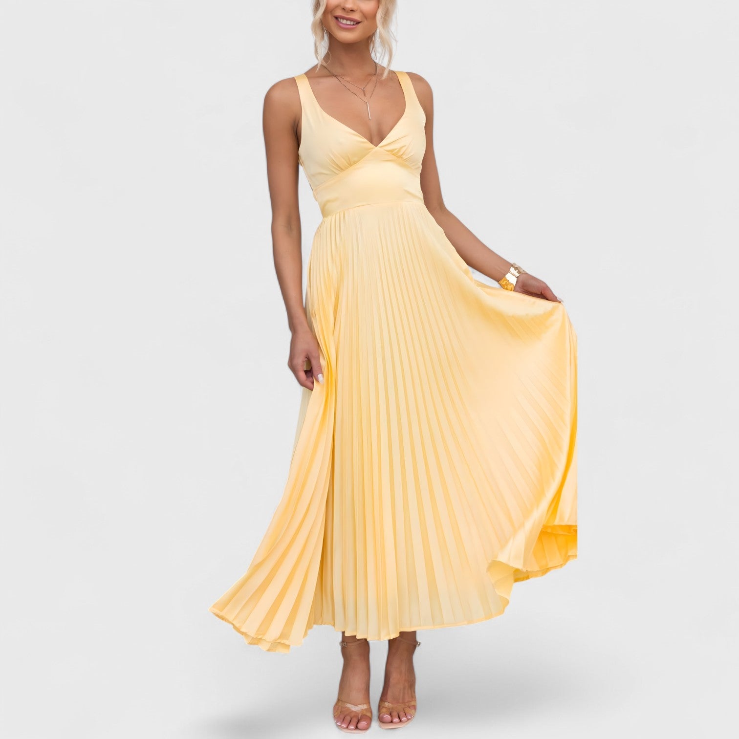 ELYRA™ | Yellow Pleated Dress with V-Neck