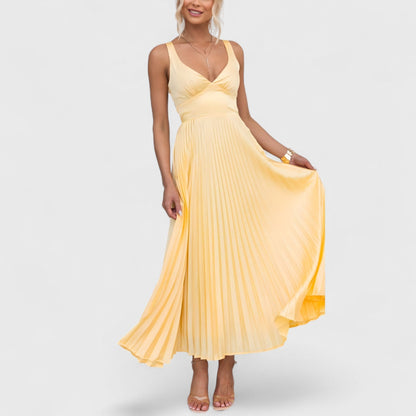 ELYRA™ | Yellow Pleated Dress with V-Neck