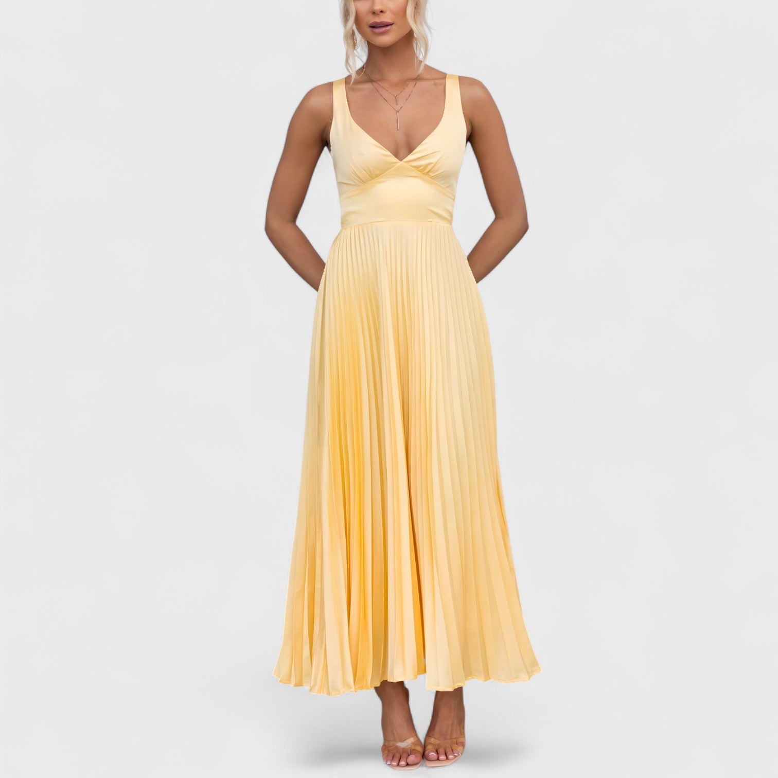 ELYRA™ | Yellow Pleated Dress with V-Neck
