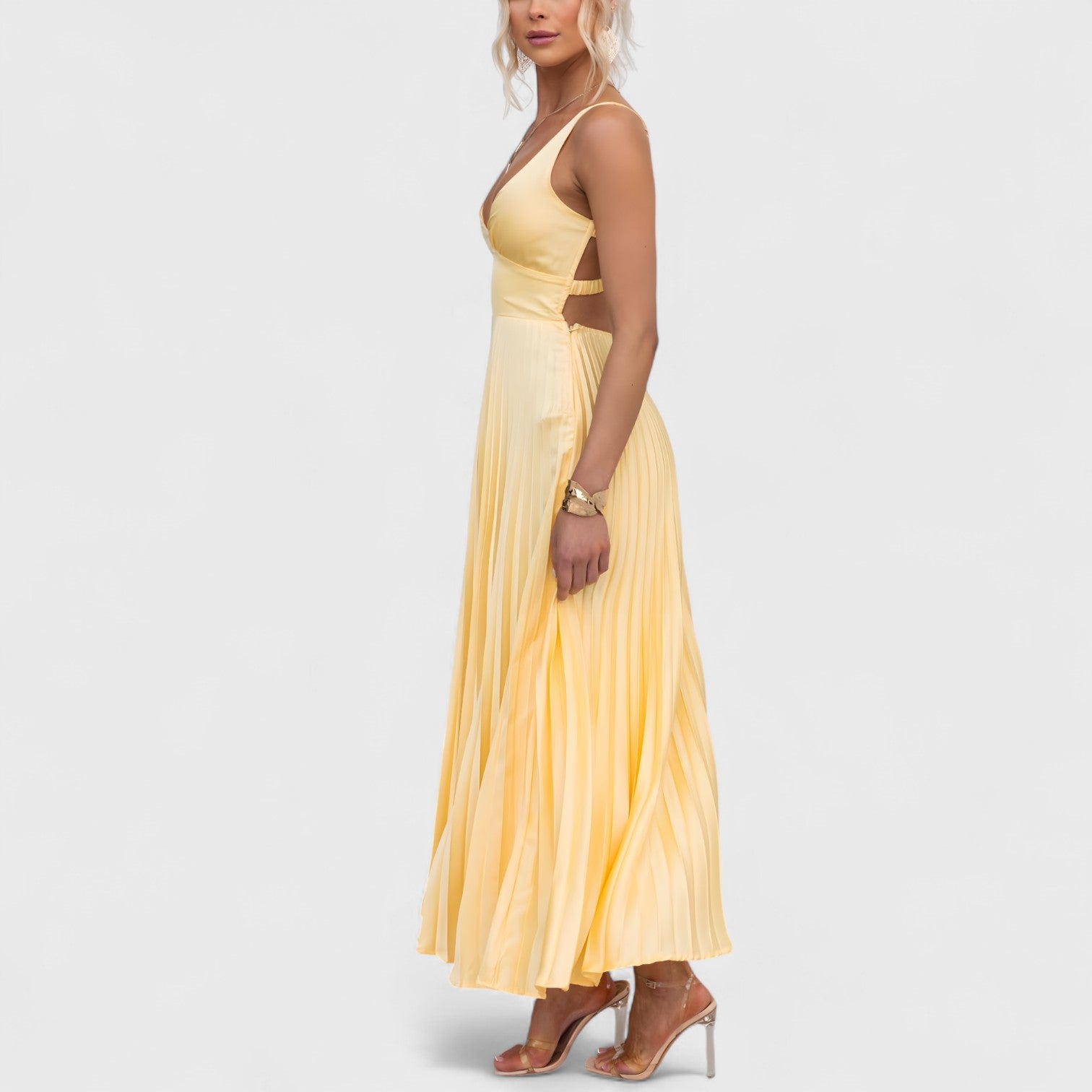 ELYRA™ | Yellow Pleated Dress with V-Neck