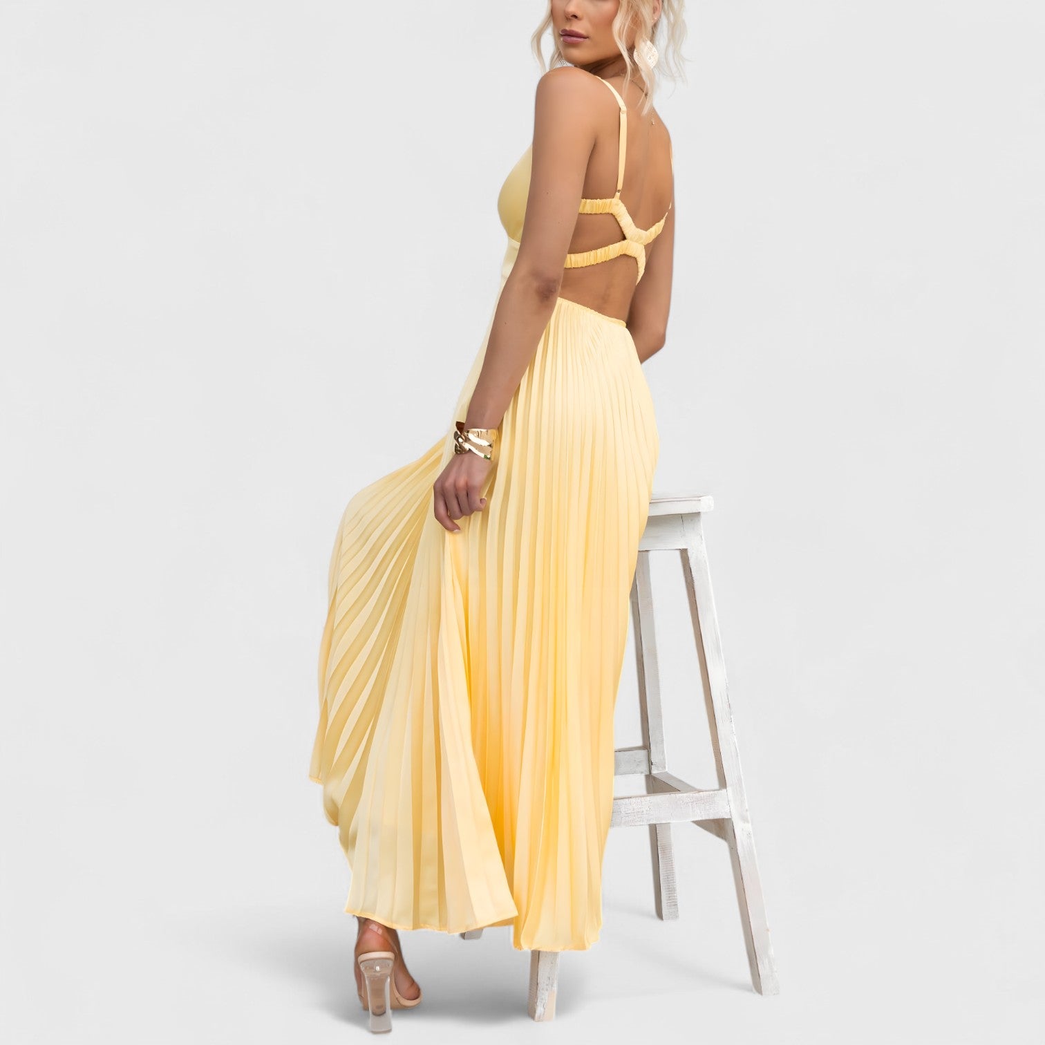 ELYRA™ | Yellow Pleated Dress with V-Neck