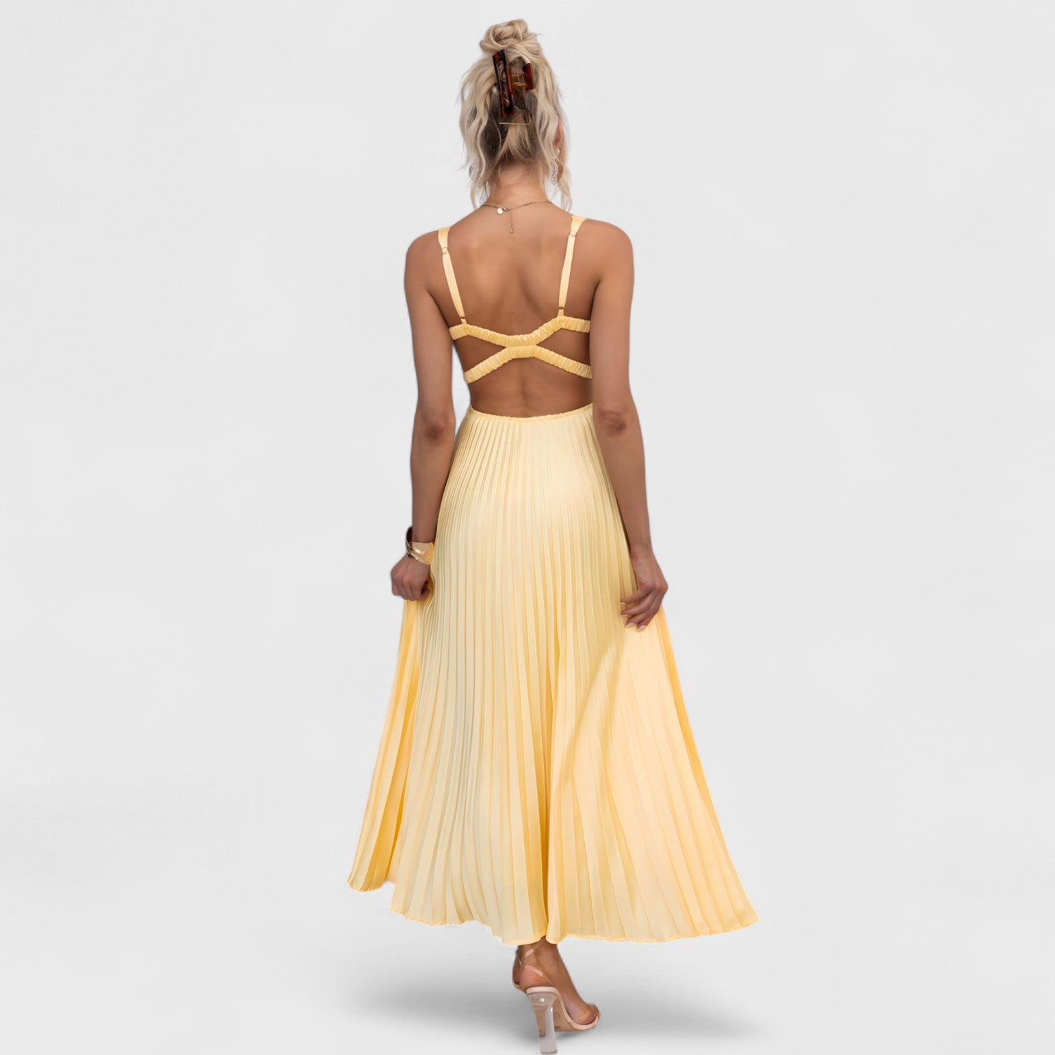 ELYRA™ | Yellow Pleated Dress with V-Neck