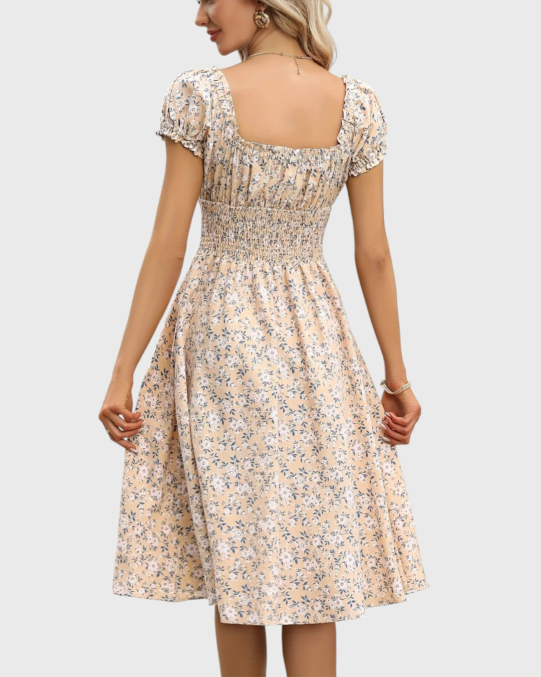ELYRA™ | Midi floral dress with puff sleeves and V-neck