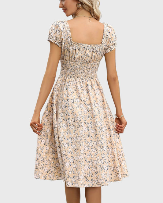 ELYRA™ | Midi floral dress with puff sleeves and V-neck