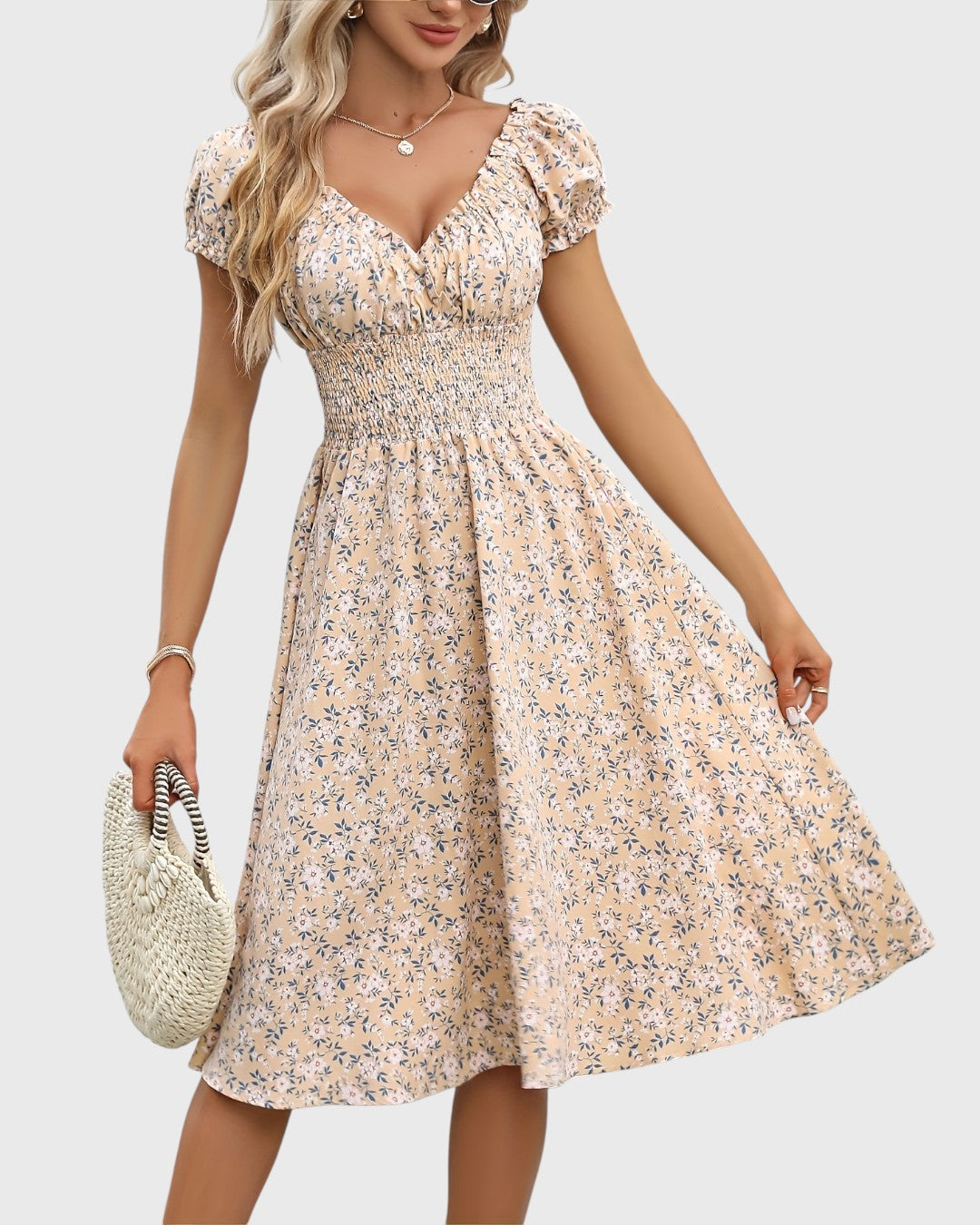 ELYRA™ | Midi floral dress with puff sleeves and V-neck