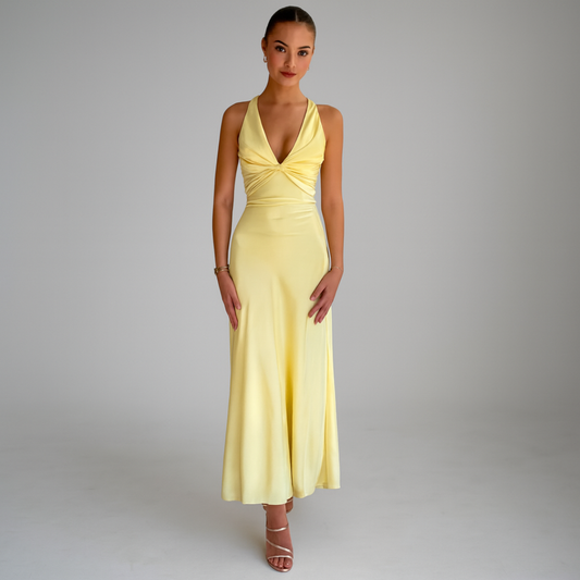 ELYRA™ | Yellow Satin Maxi Dress