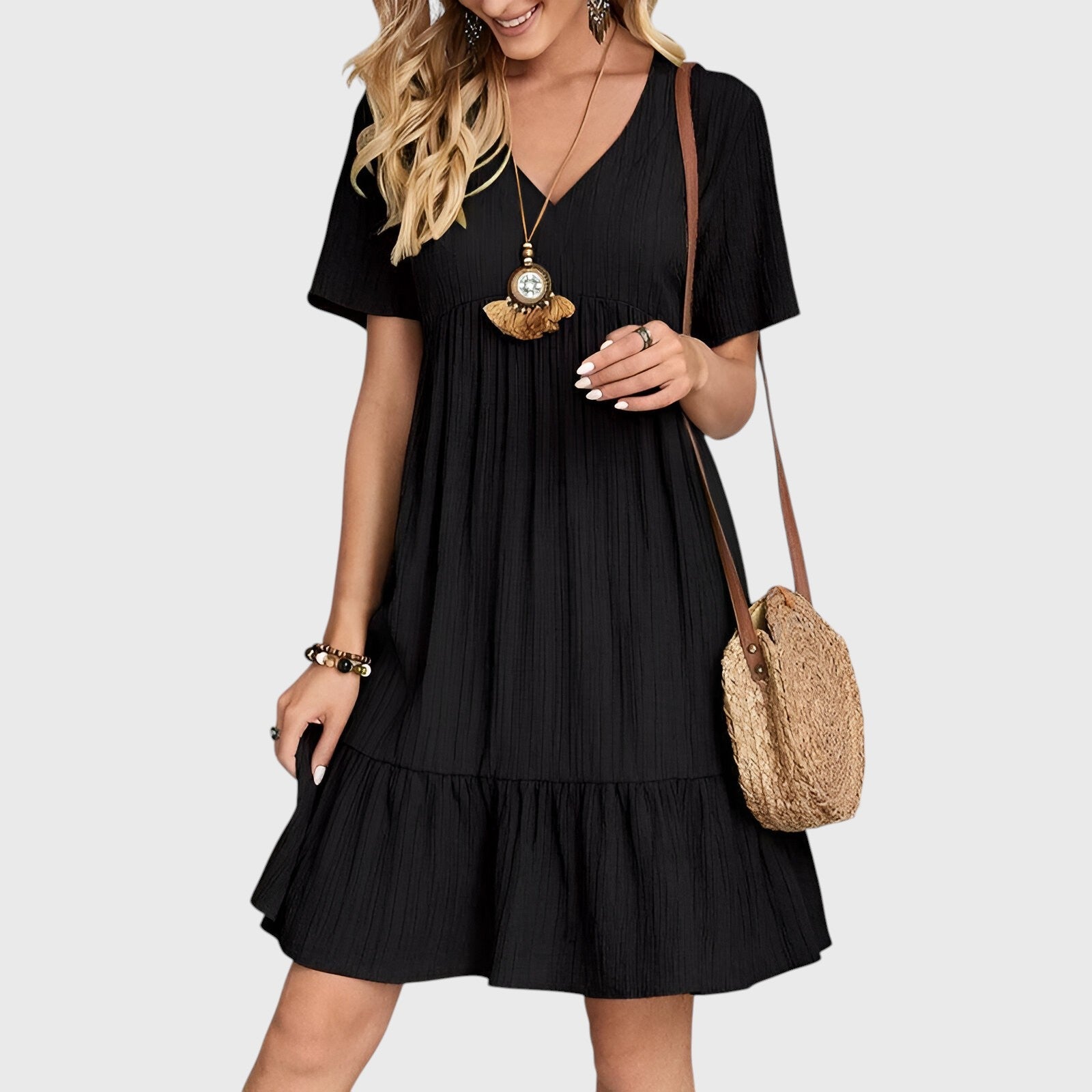 ELYRA™ | Bohemian Dress with V-Neck and Short Sleeves