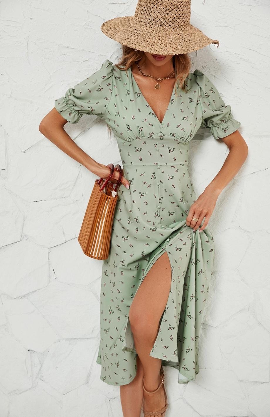 ELYRA™ | Robe champêtre vert d’eau à col carré